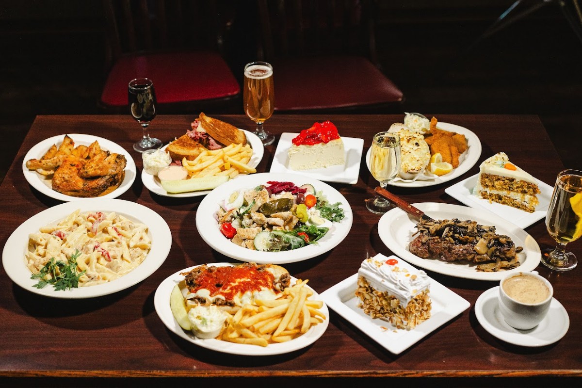 Angled view of the food and drink arrangement on the table